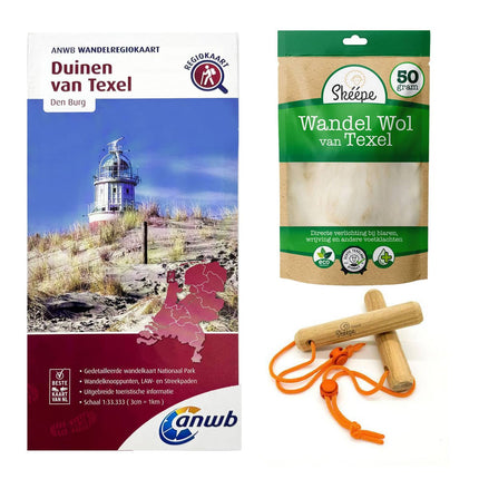 Texelse wandelpakket met ANWB Wandelkaart, Wandelwol en Wandelstokjes.