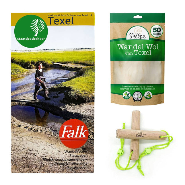 Wandelpakket met wandelkaart Staatsbosbeheer - Texel - Wandelwol en wandelstokjes - ideaal voor tijdens het lopen van een vierdaagse
