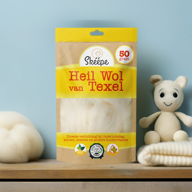 Heilwol van Texelse schapenwol. Bij luieruitslag en tepelkloven.